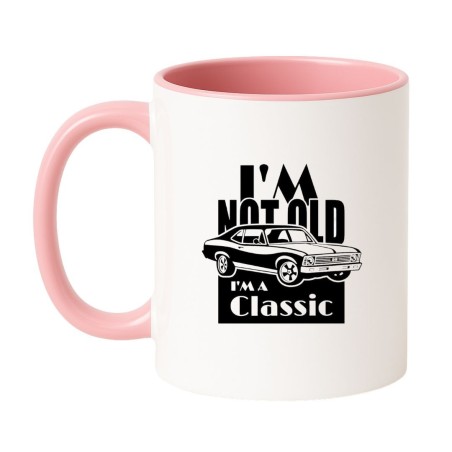 Kubek biało-różowy 330 ml z nadrukiem „I’m not old, I’m a classic” i samochodem klasycznym.