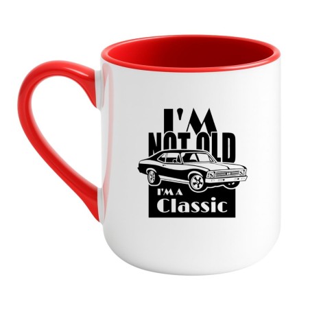 Elegancki kubek biało-czerwony 330 ml z napisem „I’m not old, I’m a classic” i grafiką auta vintage.