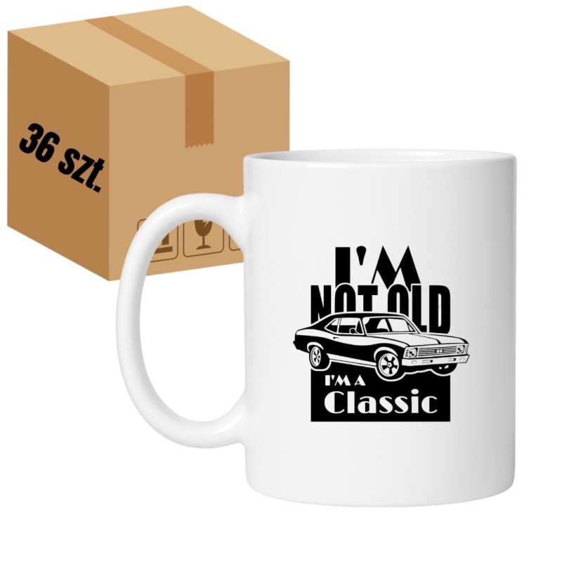 Kubek z napisem „I’m not old, I’m a classic” – karton hurtowy 36 sztuk kubków białych 330 ml.