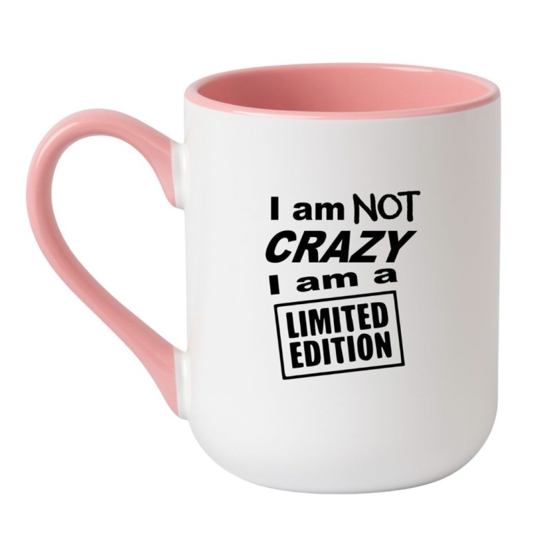 Elegancki kubek biało-różowy 330 ml z napisem „I am not crazy, I am a limited edition”.