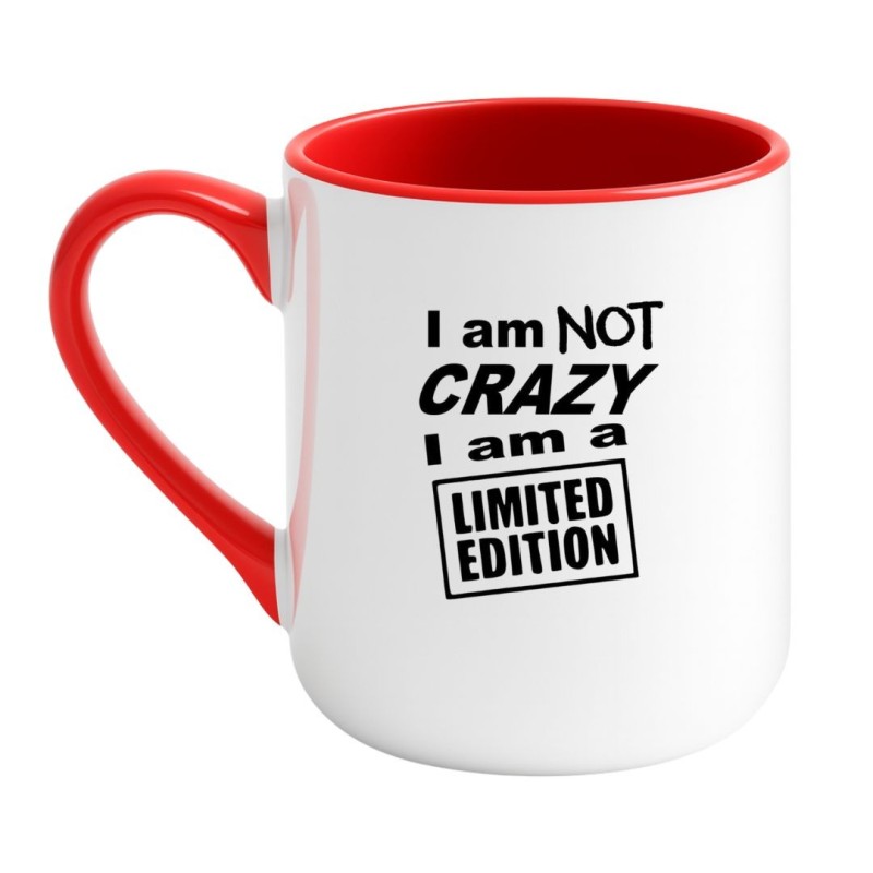 Elegancki kubek biało-czerwony 330 ml z nadrukiem „I am not crazy, I am a limited edition”.