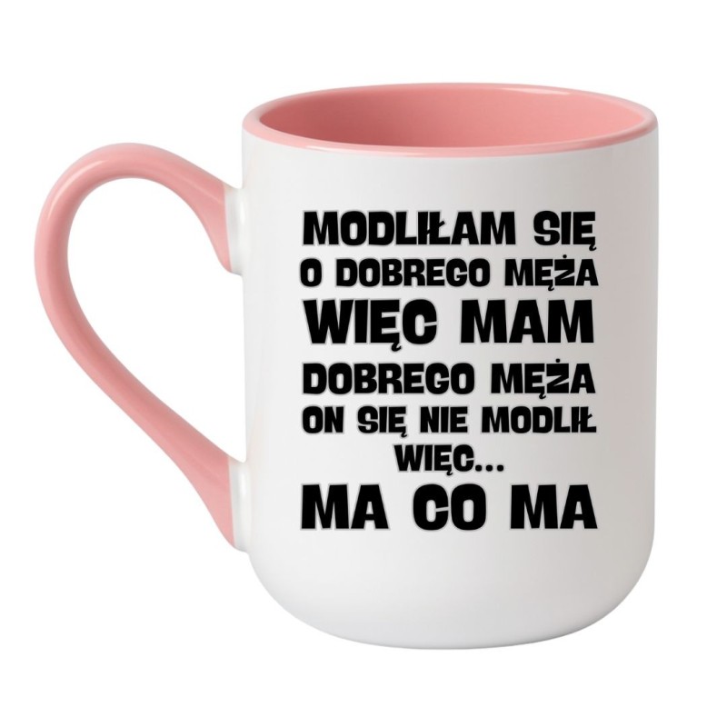 Kubek elegancki biało-różowy 330 ml z humorystycznym motywem – śmieszny prezent dla koleżanki, praktyczny do kawy.