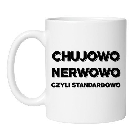 Śmieszny kubek biały 330 ml z chamskim napisem – idealny prezent dla znajomego z poczuciem humoru, must-have do biura.