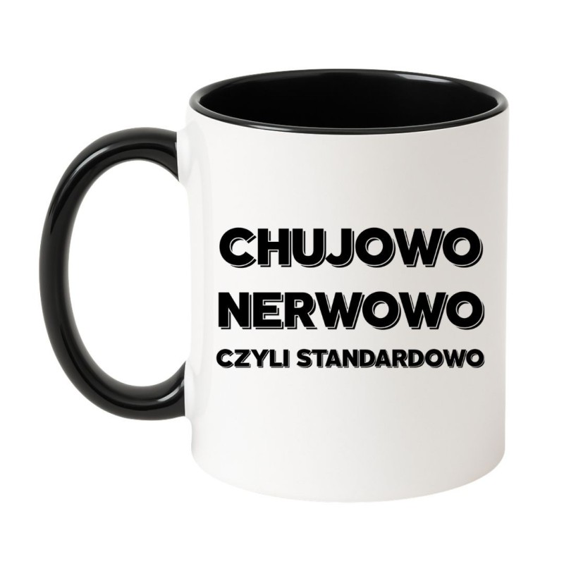 Kubek biało-czarny 330 ml z chamskim nadrukiem – śmieszny prezent do biura, świetny gadżet dla dorosłych z dystansem.
