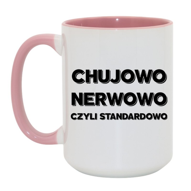 Kubek duży biało-różowy 450 ml z chamskim nadrukiem – śmieszny kubek do biura, must-have dla fanów mocnych tekstów.