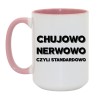 Kubek duży biało-różowy 450 ml z chamskim nadrukiem – śmieszny kubek do biura, must-have dla fanów mocnych tekstów.