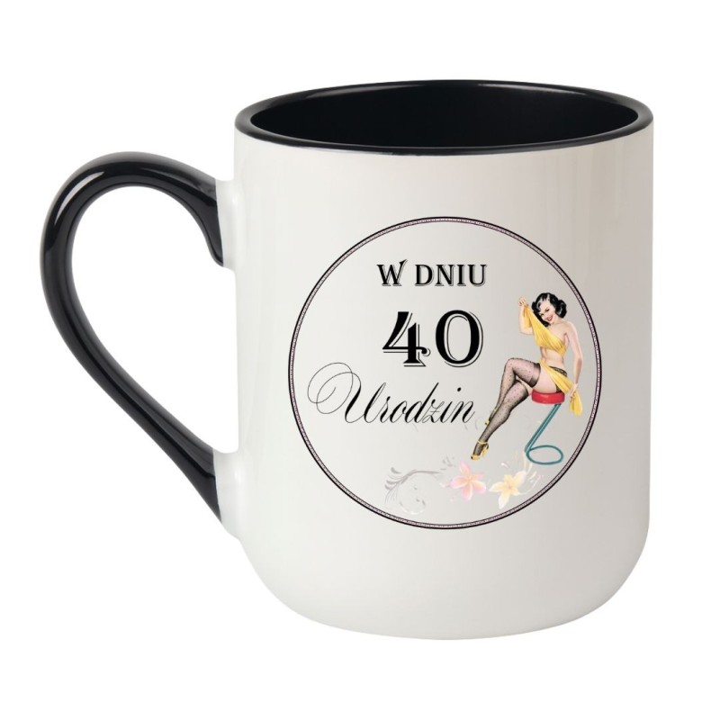 Kubek elegancki biało-czarny 330 ml z nadrukiem na 40-tkę – elegancki prezent dla koleżanki, sprawdź bestseller.