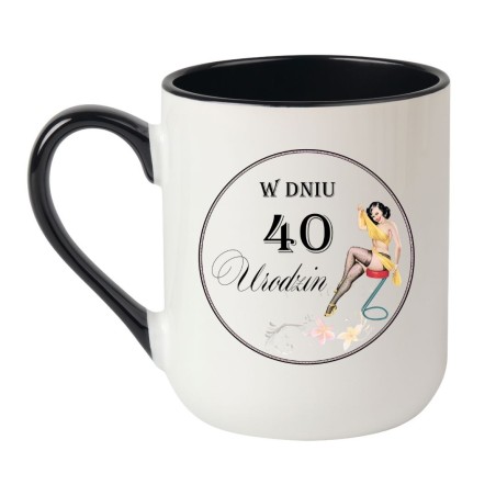 Kubek elegancki biało-czarny 330 ml z nadrukiem na 40-tkę – elegancki prezent dla koleżanki, sprawdź bestseller.