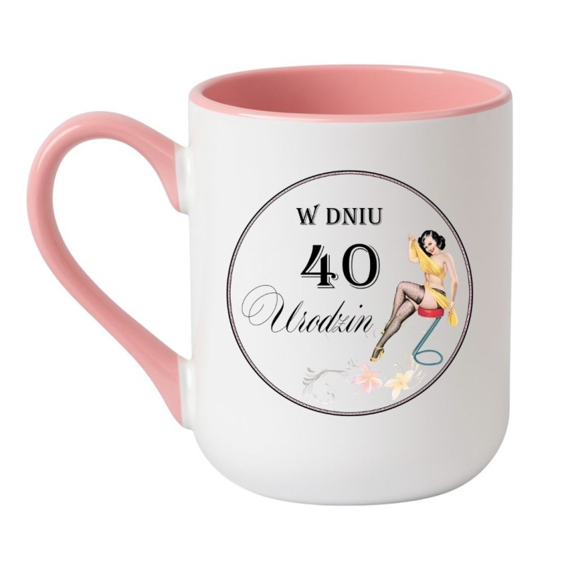 Kubek elegancki biało-różowy 330 ml z grafiką urodzinową – kobiecy kubek z klasą, świetny upominek do biura.