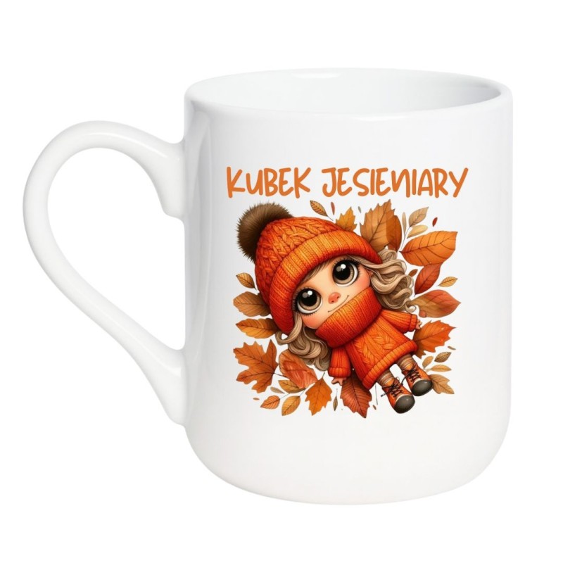 Kubek elegancki biały 330 ml z nadrukiem jesiennym – uroczy dodatek do biura lub domu, doskonały prezent sezonowy.