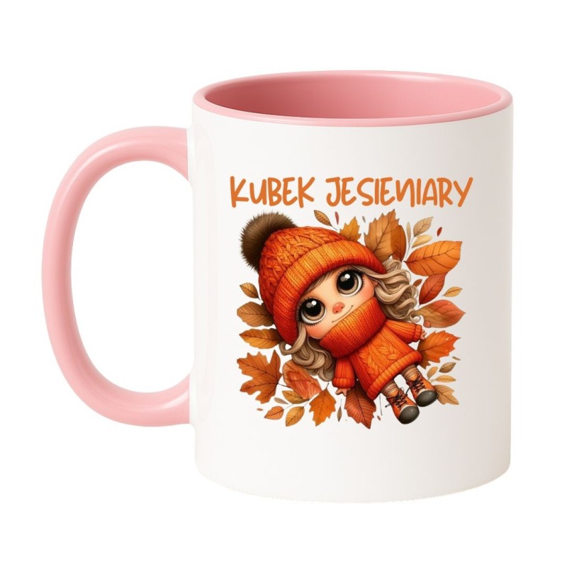 Kubek biało-różowy 330 ml z jesienną ilustracją – kobiecy i uroczy kubek na jesień, must-have do kawy.