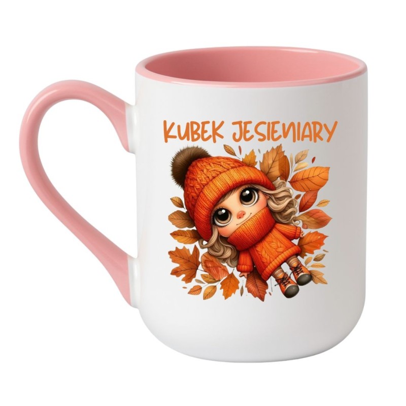 Kubek elegancki biało-różowy 330 ml z jesienną ilustracją – przytulny upominek dla kobiety, doskonały na prezent.