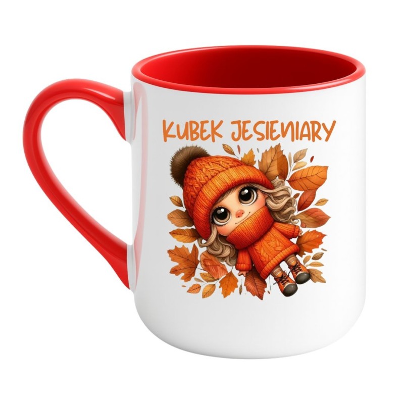 Kubek elegancki biało-czerwony 330 ml z nadrukiem jesiennym – kubek z klimatem jesieni, must-have dla fanek herbaty.