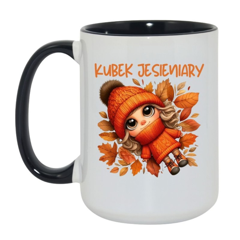 Kubek duży biało-czarny 450 ml z jesienną grafiką – idealny dla kawoszy, świetny do pracy i długich poranków.