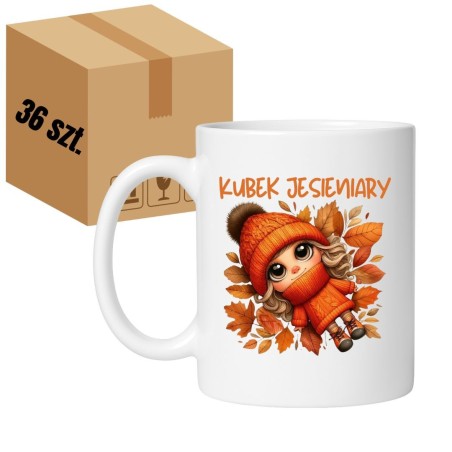 Kubek biały 330 ml z nadrukiem jesiennym – zestaw 36 sztuk HURT, idealna oferta dla sklepów i firm sezonowych.