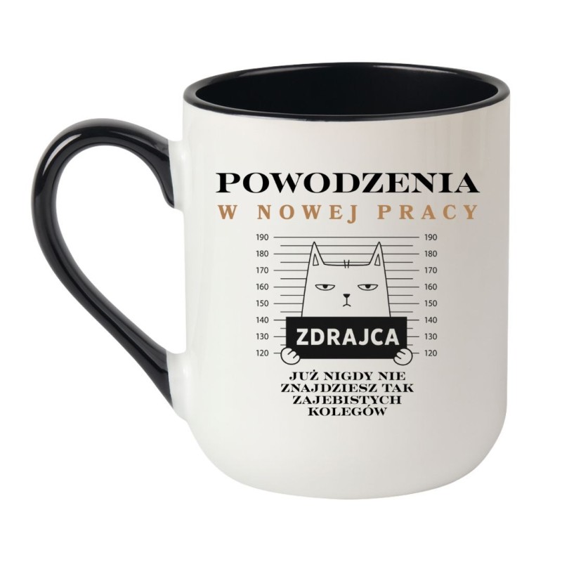 Kubek elegancki biało-czarny 330 ml z żartobliwym wzorem – humorystyczny kubek na pożegnanie współpracownika.