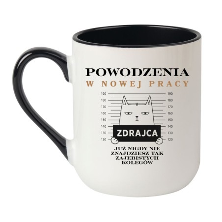 Kubek elegancki biało-czarny 330 ml z żartobliwym wzorem – humorystyczny kubek na pożegnanie współpracownika.