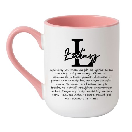 Kubek elegancki biało-różowy 330 ml z humorystycznym napisem – śmieszny kubek Łukasz, sprawdź bestseller.