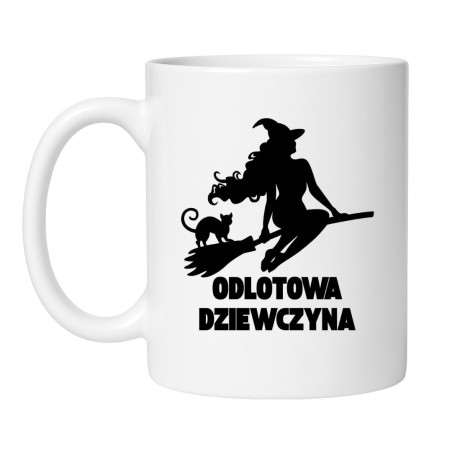 Śmieszny kubek biały 330 ml z zabawną grafiką – kubek z nadrukiem wiedźmy i kota, idealny dla niej.