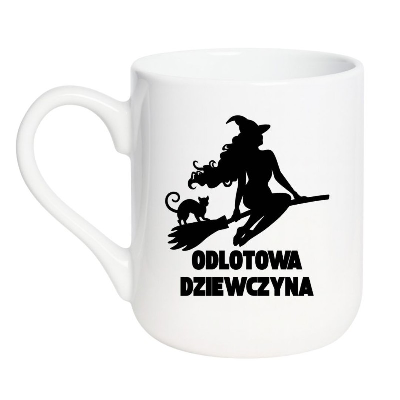 Kubek elegancki biały 330 ml z humorystycznym motywem – odlotowa dziewczyna na miotle, sprawdź bestseller.