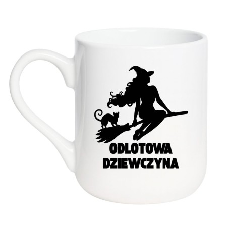 Kubek elegancki biały 330 ml z humorystycznym motywem – odlotowa dziewczyna na miotle, sprawdź bestseller.