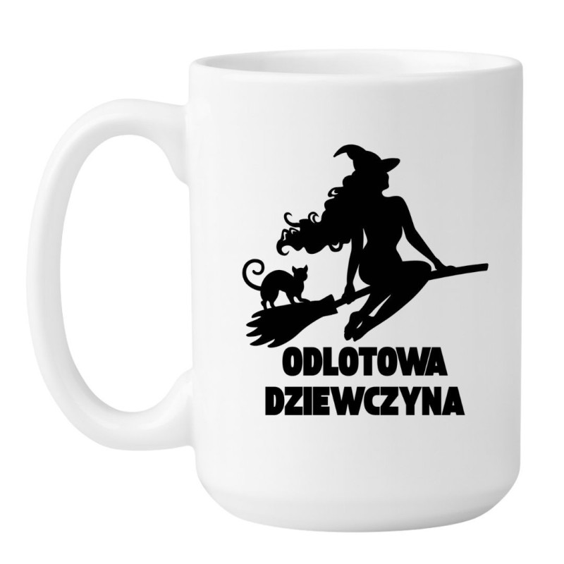Kubek duży biały 450 ml z nadrukiem czarownicy – śmieszny kubek dla kobiet z dystansem, must-have do kawy.