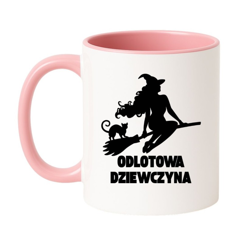 Kubek biało-różowy 330 ml z nadrukiem wiedźmy i kota – zabawny kubek dla dziewczyny, idealny do herbaty.