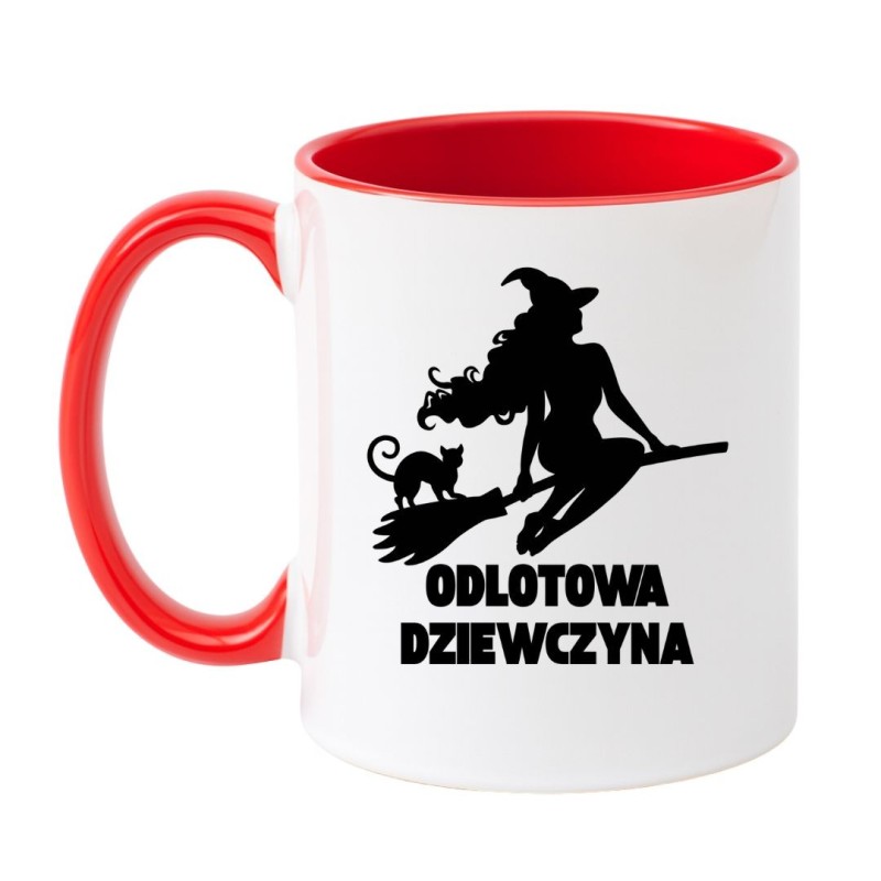Kubek biało-czerwony 330 ml z motywem wiedźmy – śmieszny kubek z nadrukiem, świetny prezent dla niej.
