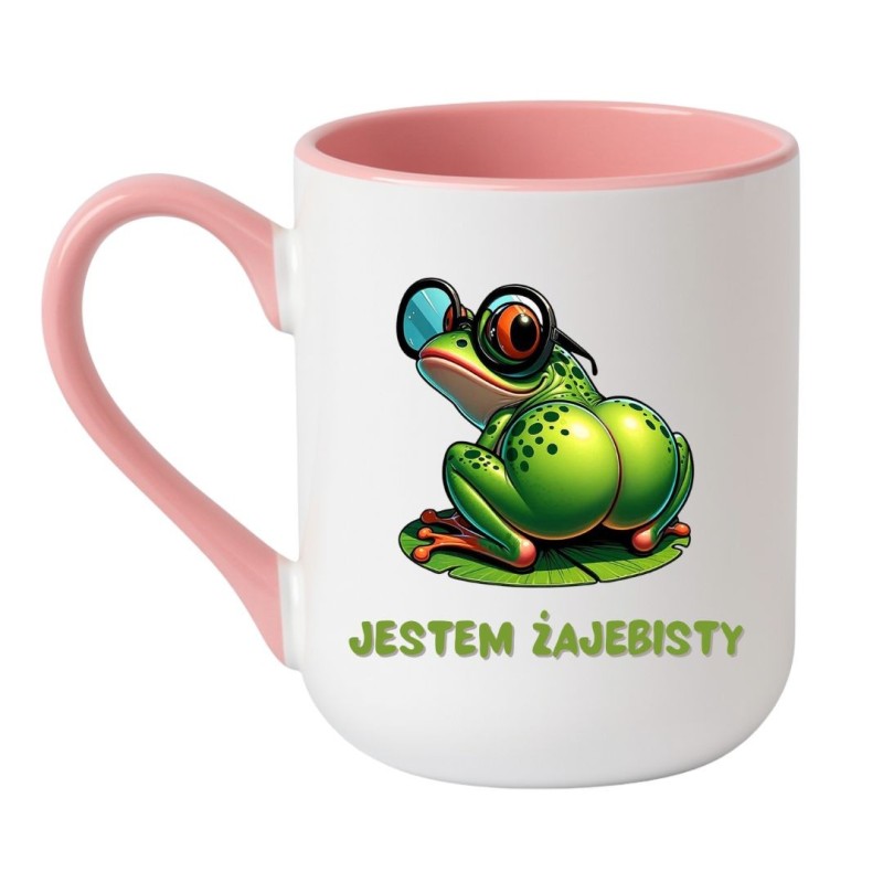Kubek elegancki biało-różowy 330 ml z zabawną grafiką – kubek żaba z napisem bez cenzury, must-have dla niej.