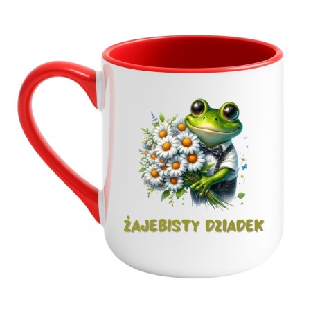 Kubek elegancki biało-czerwony 330 ml z żabą – śmieszny kubek z nadrukiem, must-have dla dziadka z humorem.
