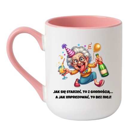 Kubek elegancki biało-różowy 330 ml z nadrukiem babci – śmieszny kubek do kawy, must-have dla dorosłych.