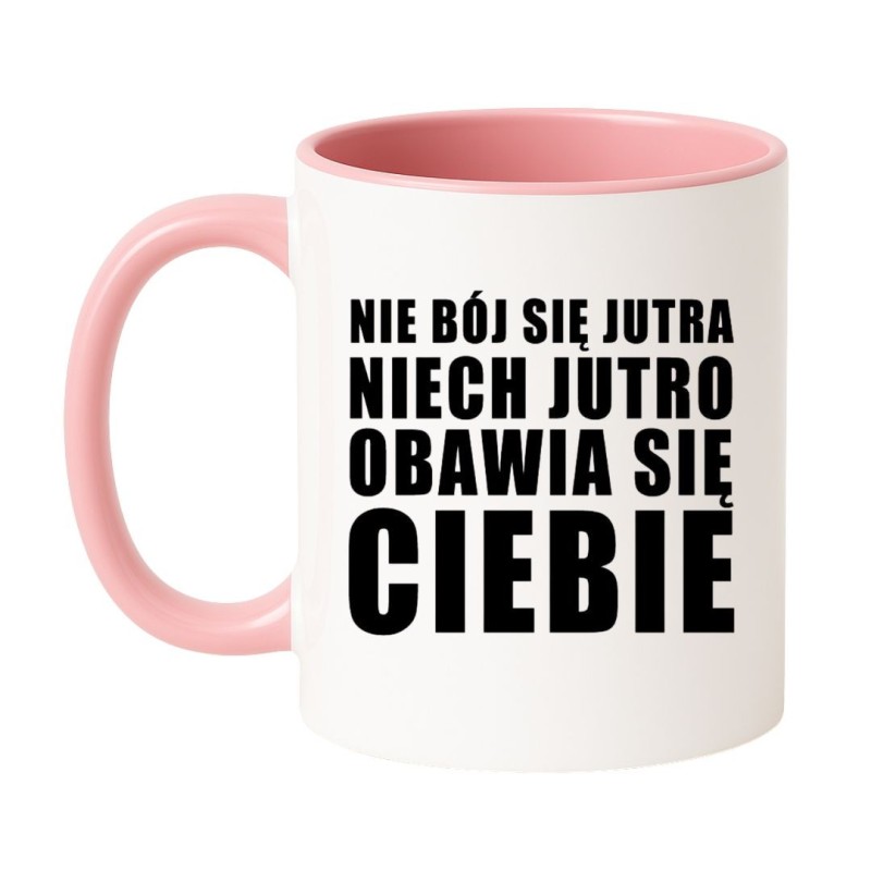 Kubek biało-różowy 330 ml z motywującym nadrukiem – pozytywny akcent poranka.