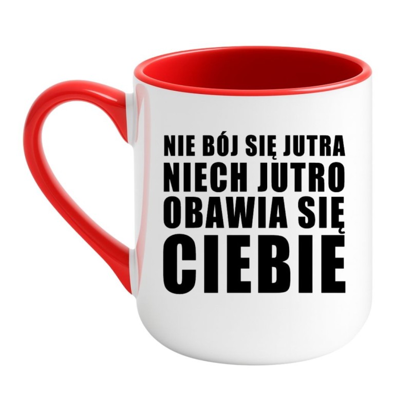 Kubek elegancki biało-czerwony 330 ml z inspirującą grafiką – must-have dla fanów kawy.