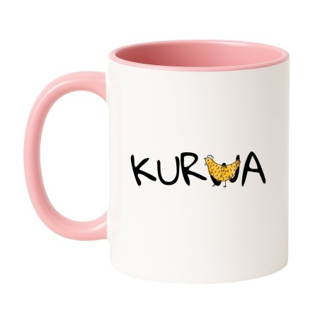 Kubek biało-różowy 330 ml z nadrukiem – śmieszna kura, doskonały kubek na prezent.