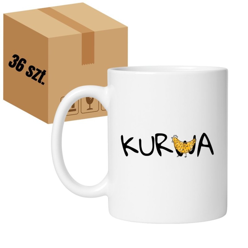 Kubek biały 330 ml z nadrukiem – zestaw 36 sztuk HURT, śmieszne kubki z kurą do sprzedaży.