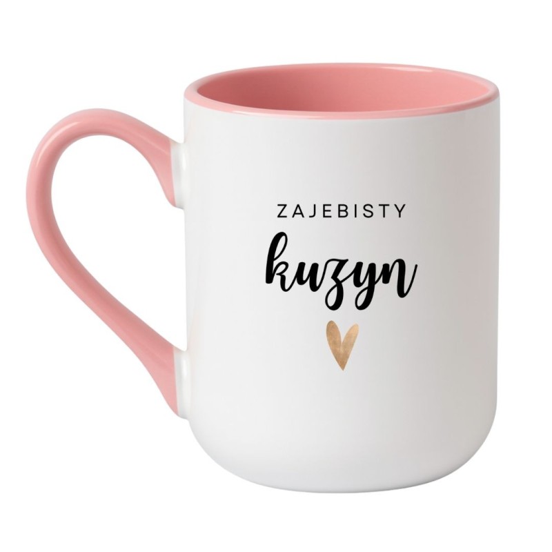 Kubek elegancki biało-różowy 330 ml z napisem – kubek dla kuzyna, idealny gadżet do biura.