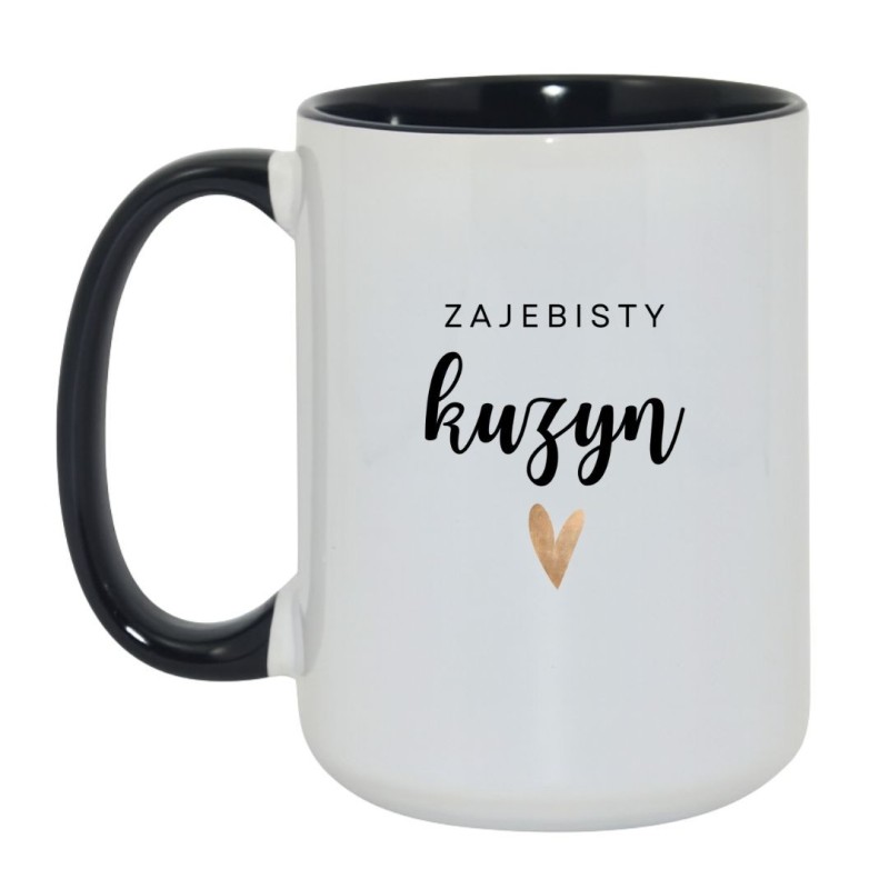 Kubek duży biało-czarny 450 ml z nadrukiem – kubek dla kuzyna, świetny na poranną kawę.