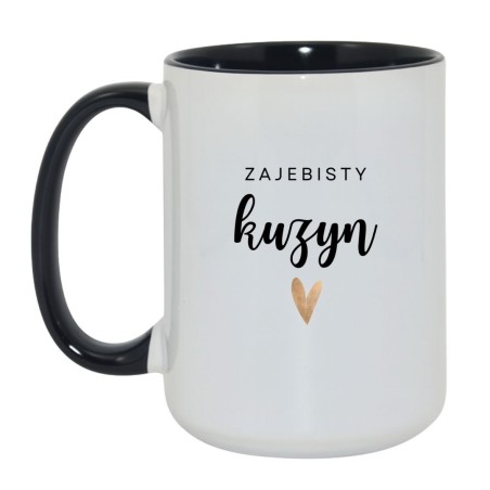 Kubek duży biało-czarny 450 ml z nadrukiem – kubek dla kuzyna, świetny na poranną kawę.