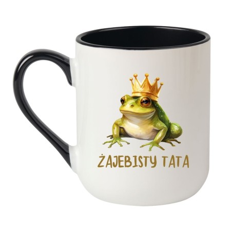 Kubek elegancki biało-czarny 330 ml z nadrukiem – kubek z żabą w koronie, śmieszny prezent.