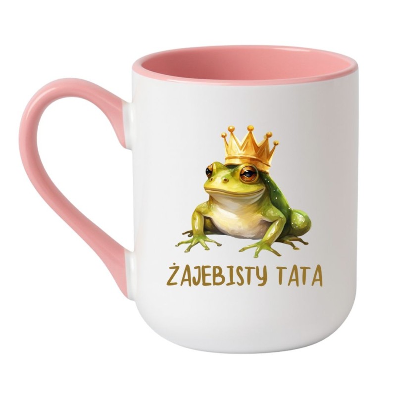Kubek elegancki biało-różowy 330 ml z nadrukiem – zabawny motyw żaby, doskonały dla kawoszy.
