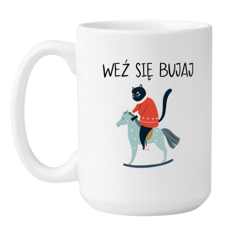 Kubek duży biały 450 ml ze śmiesznym nadrukiem – zabawny kubek z motywem kota na koniu.
