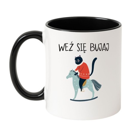 Kubek biało-czarny 330 ml z nadrukiem – śmieszny wzór z kotem, doskonały gadżet do pracy.