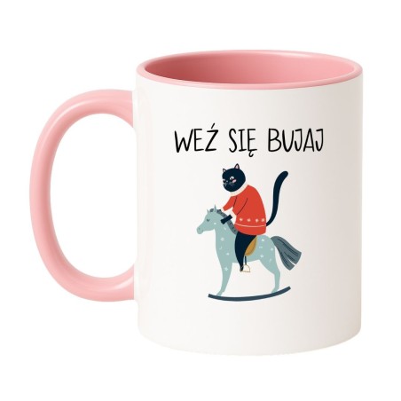 Kubek biało-różowy 330 ml ze śmieszną grafiką – kot na koniu, kubek dla fanów humoru.