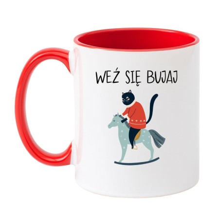Kubek biało-czerwony 330 ml z nadrukiem – zabawna ilustracja kota, śmieszny kubek do kawy.