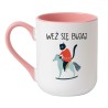 Kubek elegancki biało-różowy 330 ml z nadrukiem – śmieszny kot na koniu, must-have dla kawosza.