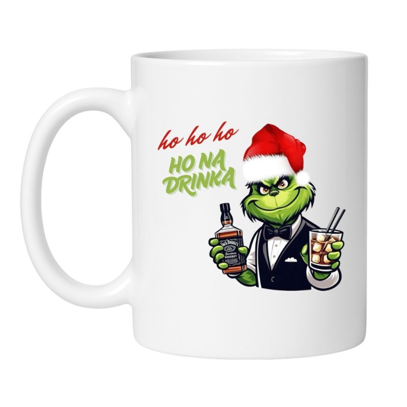 Śmieszny kubek biały 330 ml z nadrukiem – humorystyczna ilustracja postaci z drinkiem.