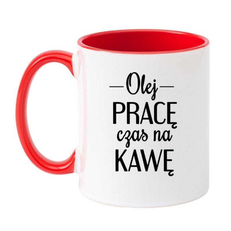 Kubek biało-czerwony 330 ml z napisem – humorystyczny wzór dla miłośników kawy.
