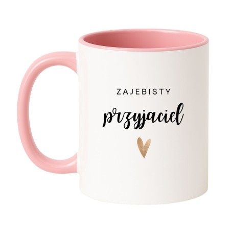 Kubek biało-różowy 330 ml z napisem – elegancki motyw, kubek z sercem dla przyjaciela.