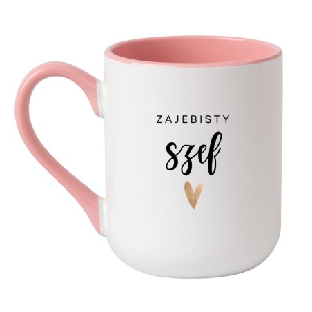 Kubek elegancki biało-różowy 330 ml z napisem – kubek z motywem serca, prezent dla szefa.
