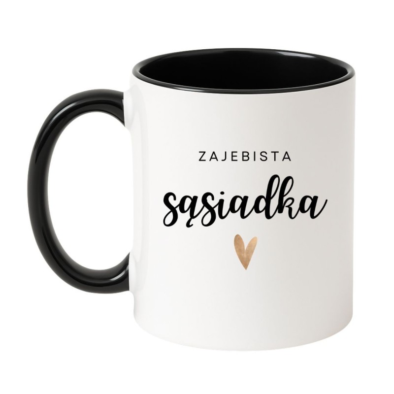 Kubek biało-czarny 330 ml z napisem – klasyczny kubek z nadrukiem, doskonały prezent dla sąsiadki.